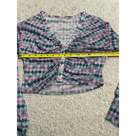 Urban Outfitters Y2K Mesh Cropped Ruched Button Up Top Womens Medium Purple Blue - Picture 7 of 15